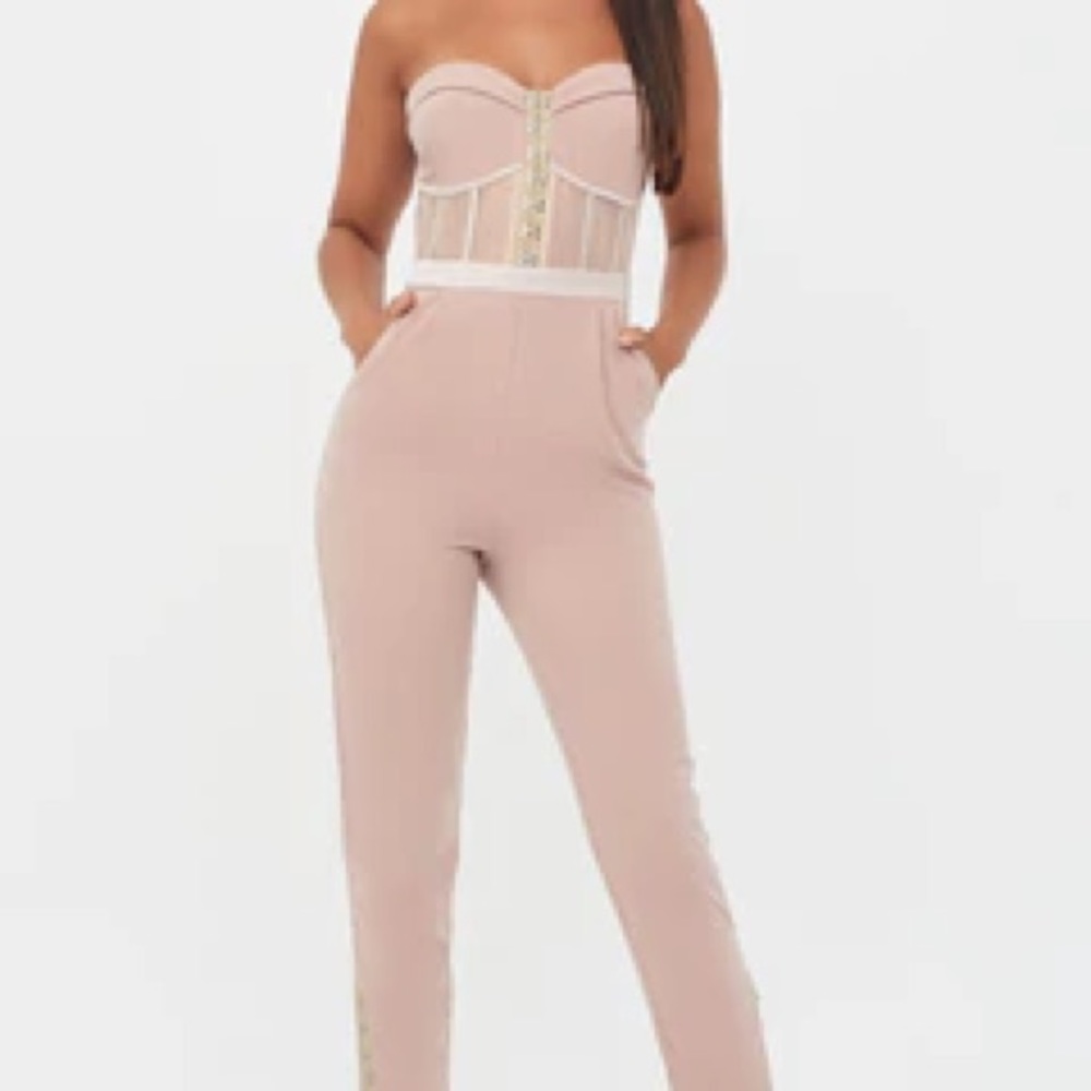 NWT Lavish Alice Sheer Contrast Bandeau Jumpsuit, Mink, Size 10